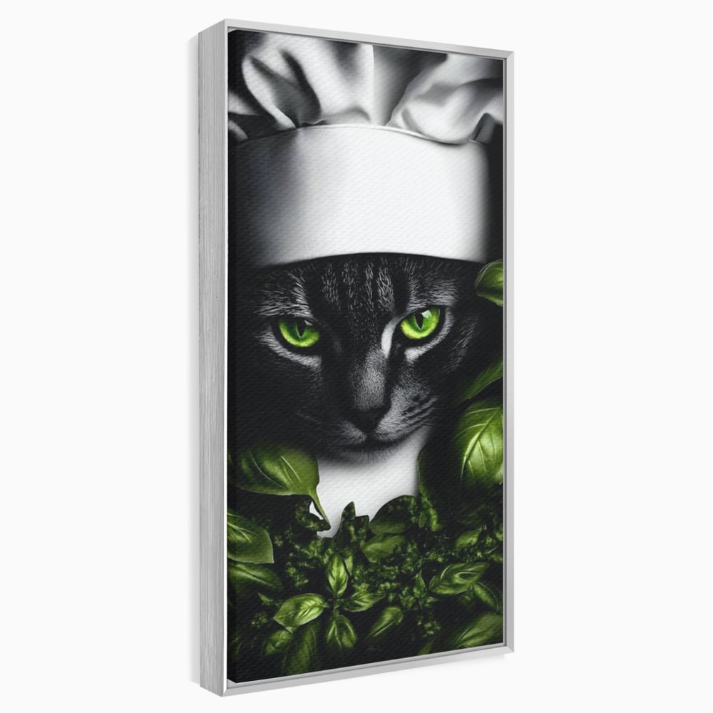Tablou canvas cu tablou canvas cu pisica bucatar si frunze, in rama de aluminiu argintiu